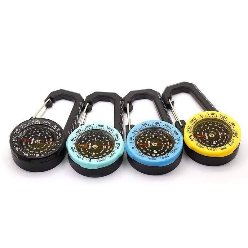 Outdoor compass with durable carabiner clip, perfect for camping and hiking navigation.
