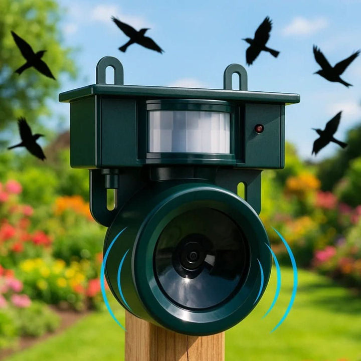 Outdoor motion sensor bird deterrent for garden. Solar powered, wildlife safe sonic pest control.