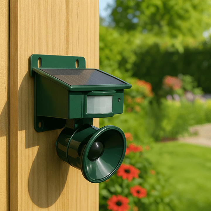 Garden defender motion sensor bird deterrent protecting yard. Solar powered, humane wildlife repeller.