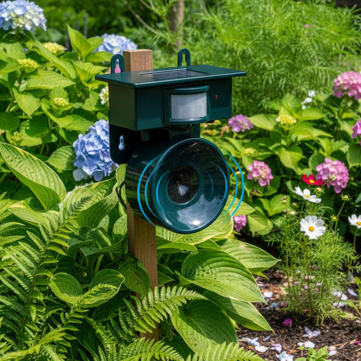 Advanced motion sensor bird deterrent for outdoor use. Solar-powered, sonic repeller, pest control.