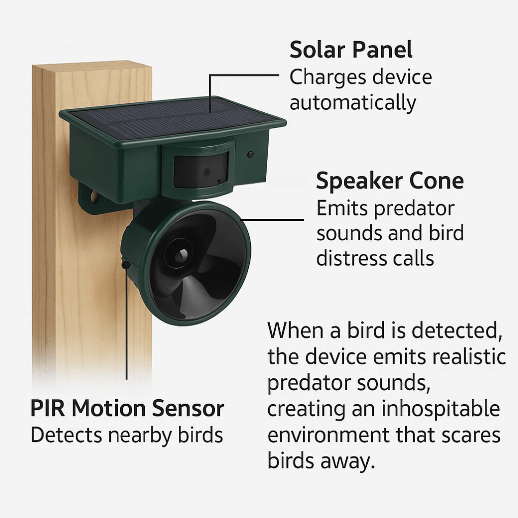 Wildlife-safe, solar-powered motion sensor bird deterrent. Effective garden & yard pest control solution.
