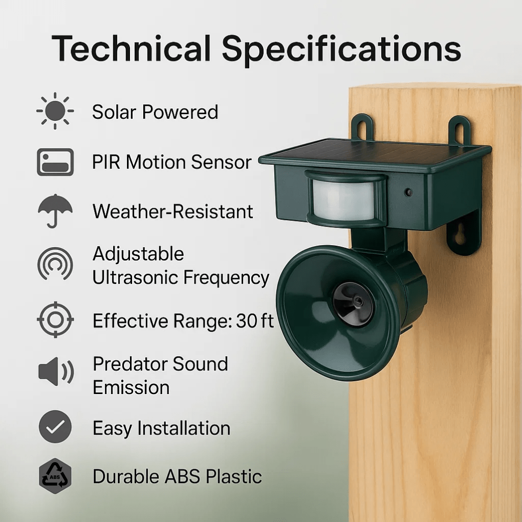 Compact outdoor motion sensor bird deterrent device, black finish. Solar charging panel, sonic emitter.