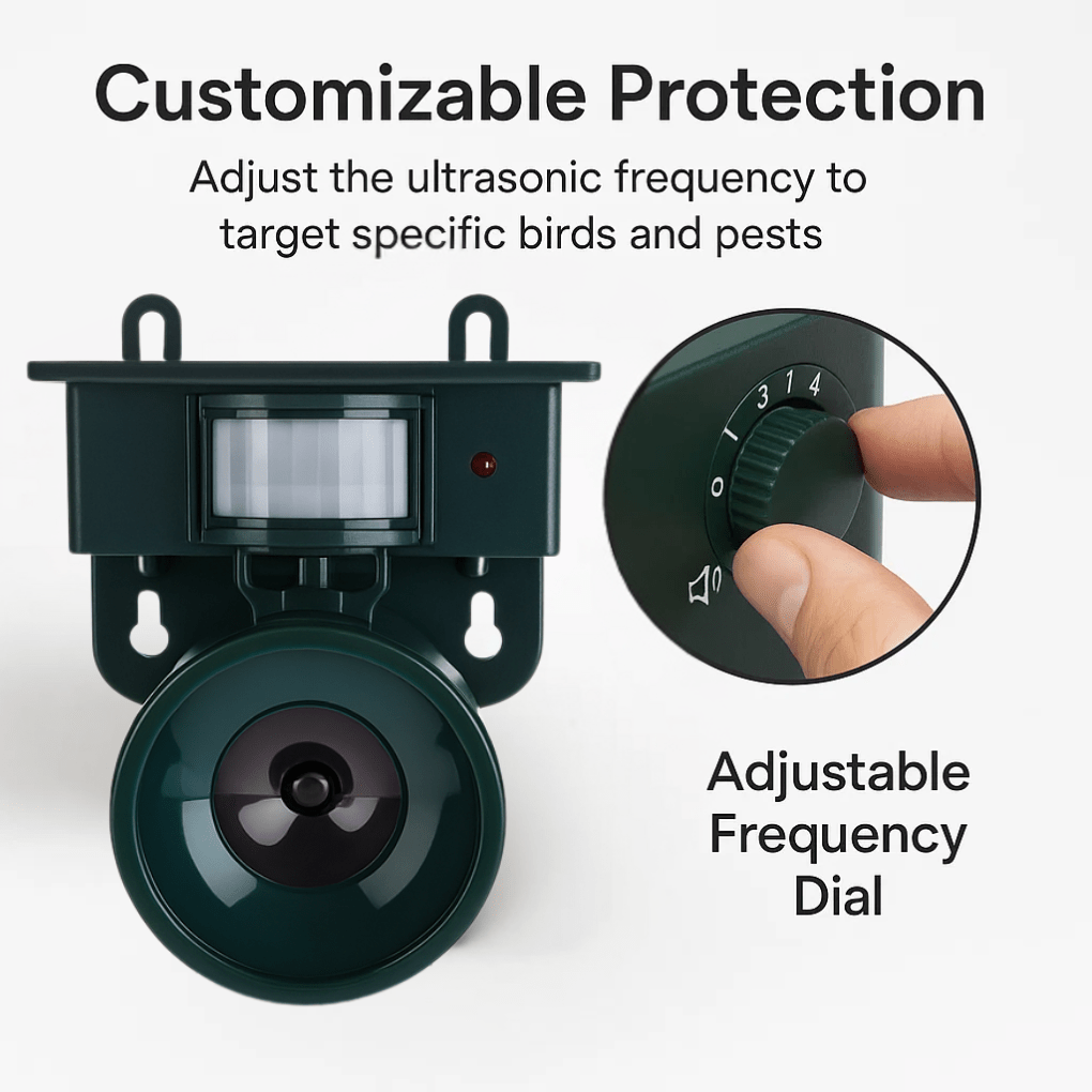 Protecting your garden with a solar-powered motion sensor bird deterrent & pest control device.