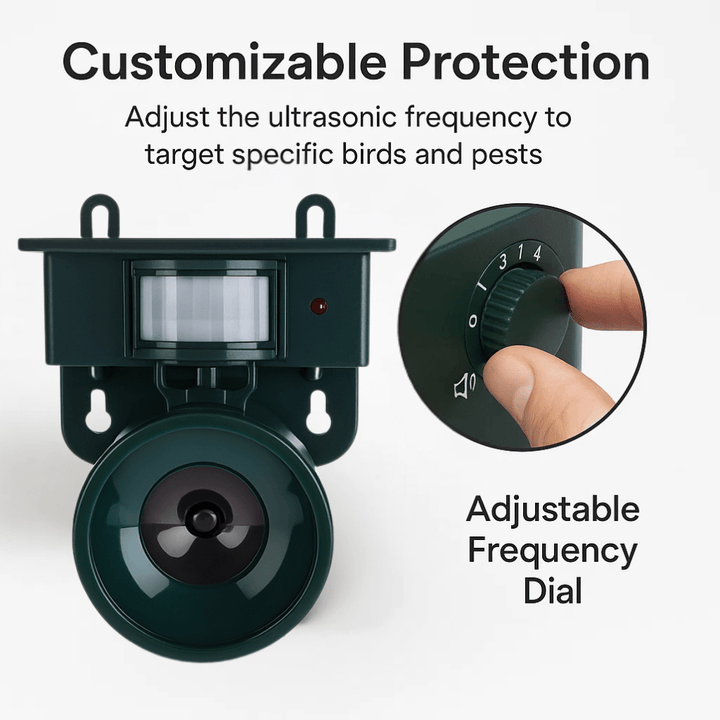 Protecting your garden with a solar-powered motion sensor bird deterrent & pest control device.