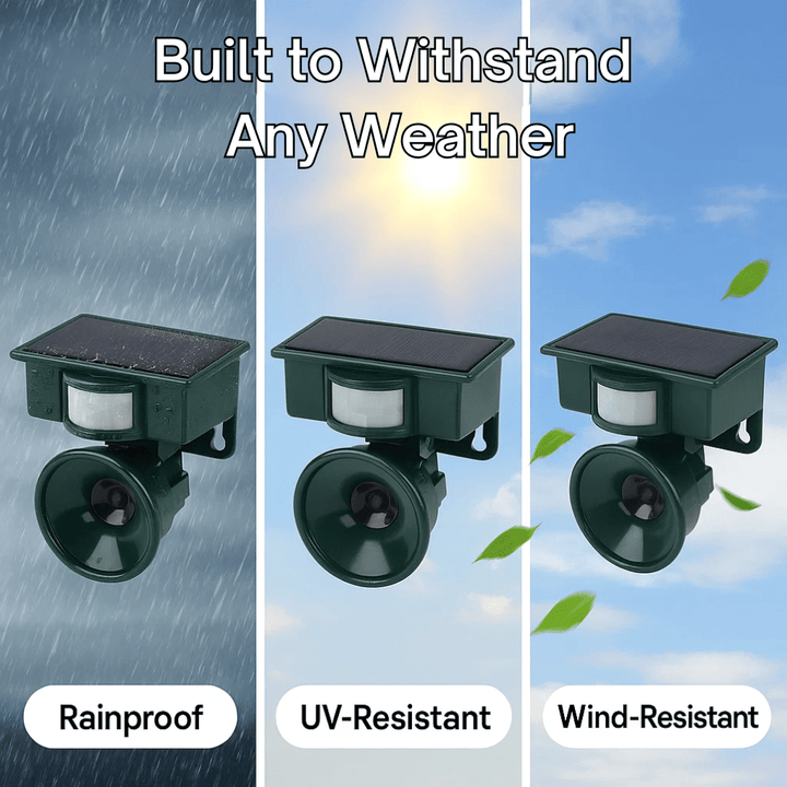 Sonic repeller outdoor motion sensor bird deterrent. Keeps birds away from garden & yard, solar-powered.