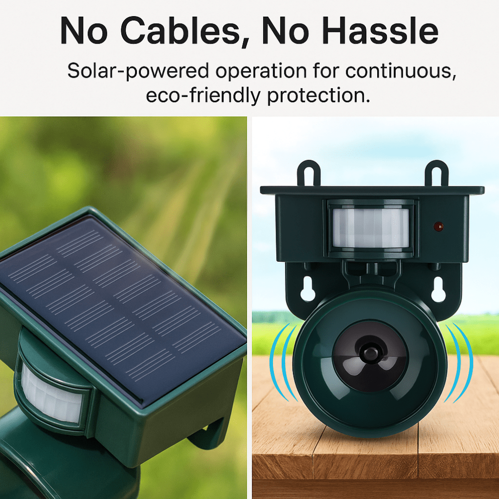 Effective outdoor bird deterrent with motion sensor. Solar-powered pest control for yard & garden protection.
