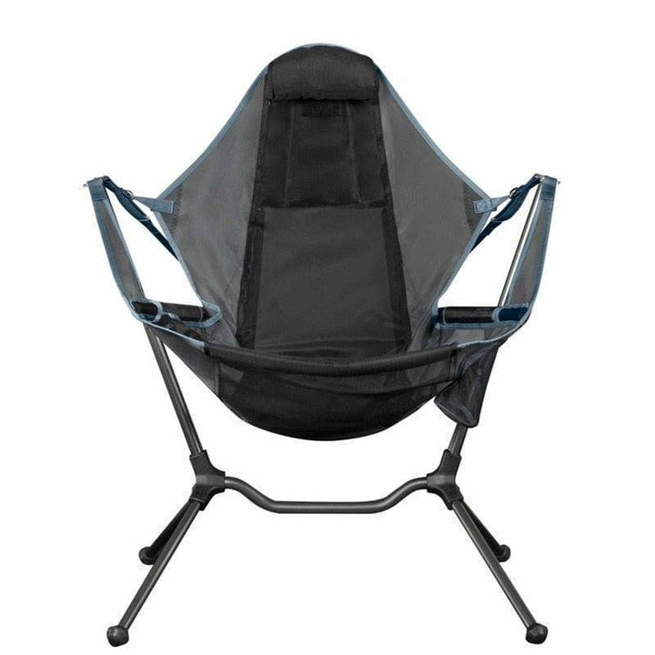 Relaxing outdoor rocking chair, complete with pillow, designed for camping and fishing comfort