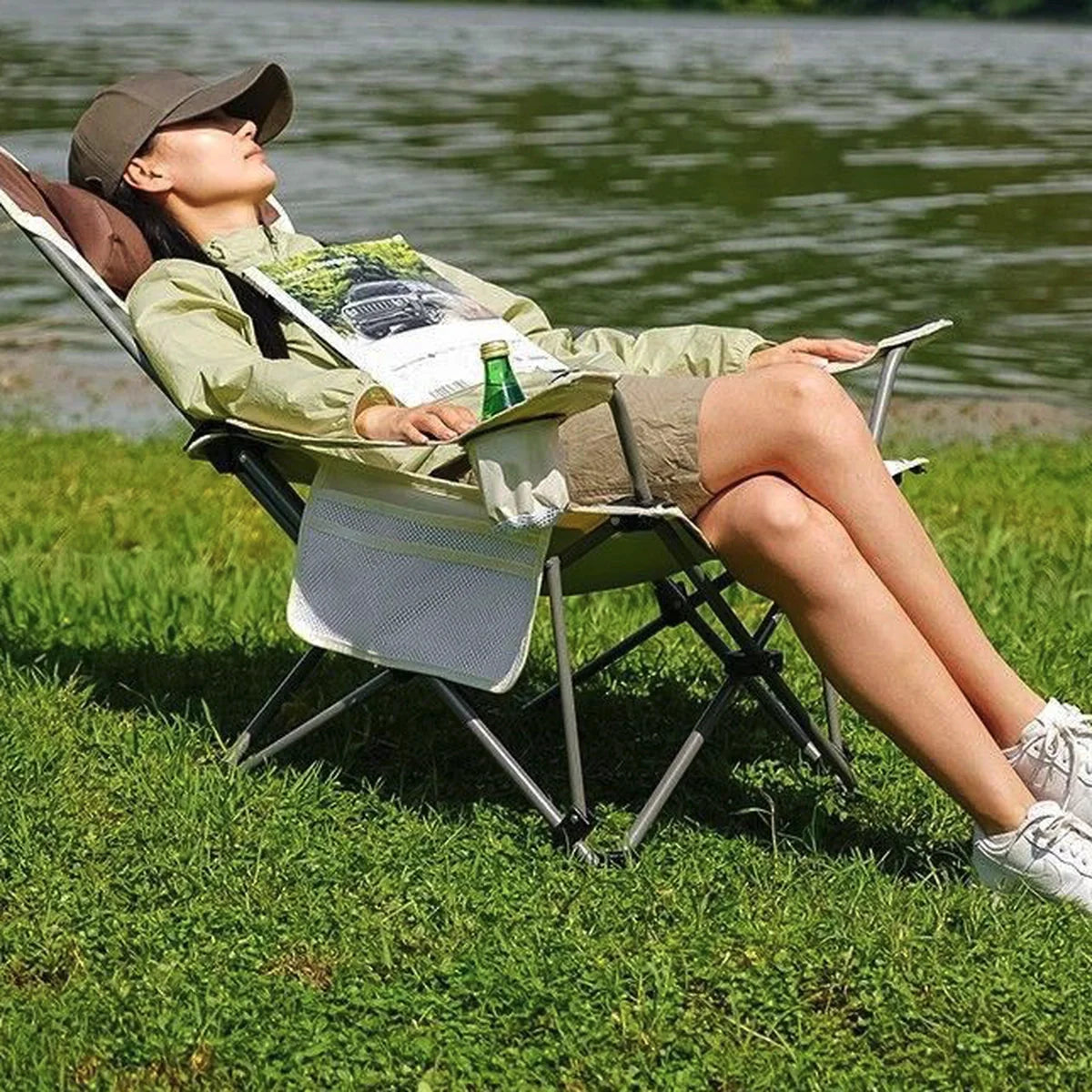 Camping furniture: reclining chair with footrest, built for outdoor adventures