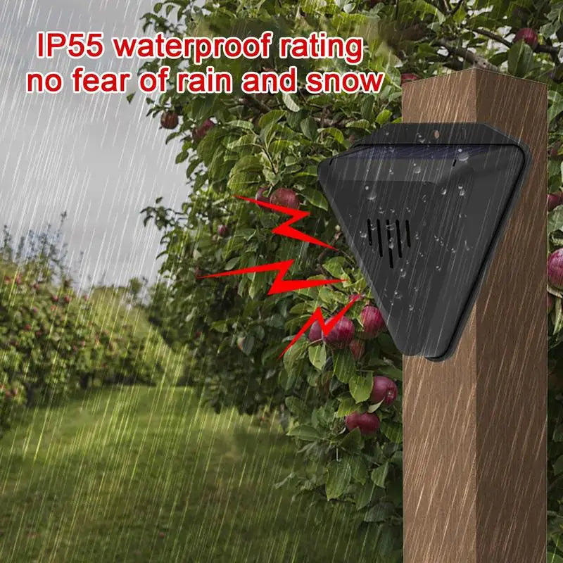 Solar powered garden pest repeller, deters squirrels, raccoons, & cats, protects vegetables & flowers.