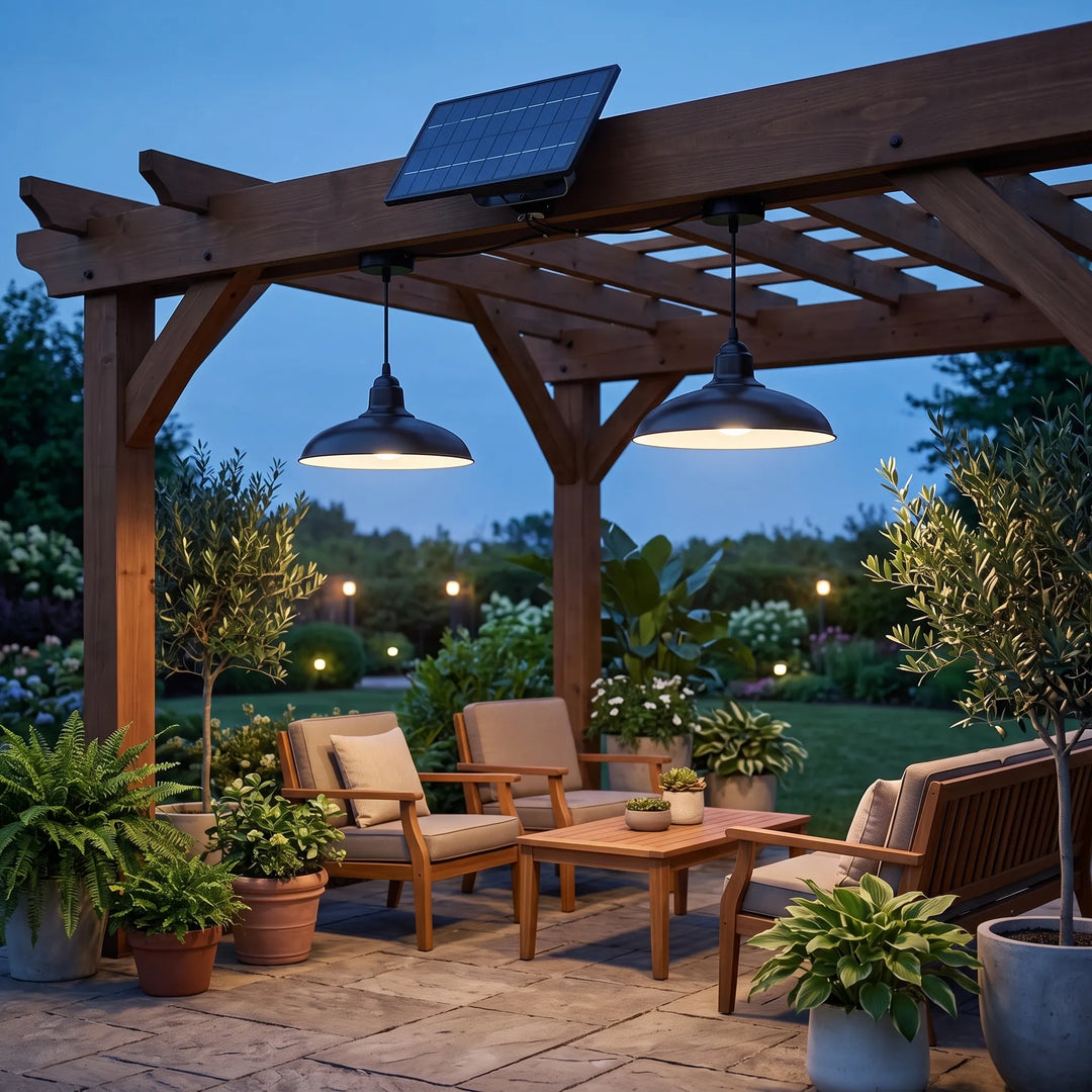 Outdoor solar LED pendant light, perfect for illuminating sheds & gazebos.