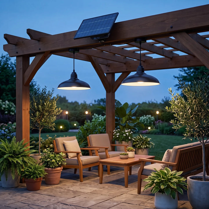 Outdoor solar LED pendant light, perfect for illuminating sheds & gazebos.