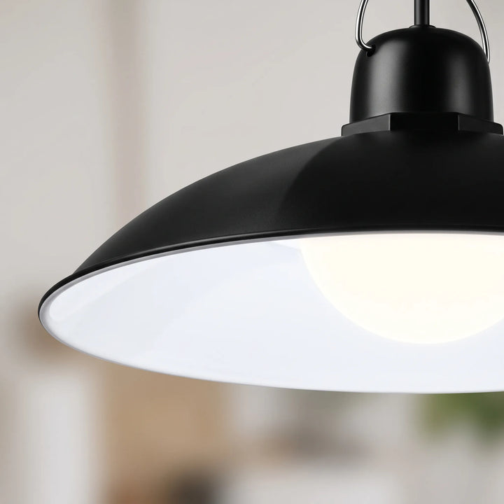 Remote control solar powered LED pendant light, ideal for outdoor sheds.