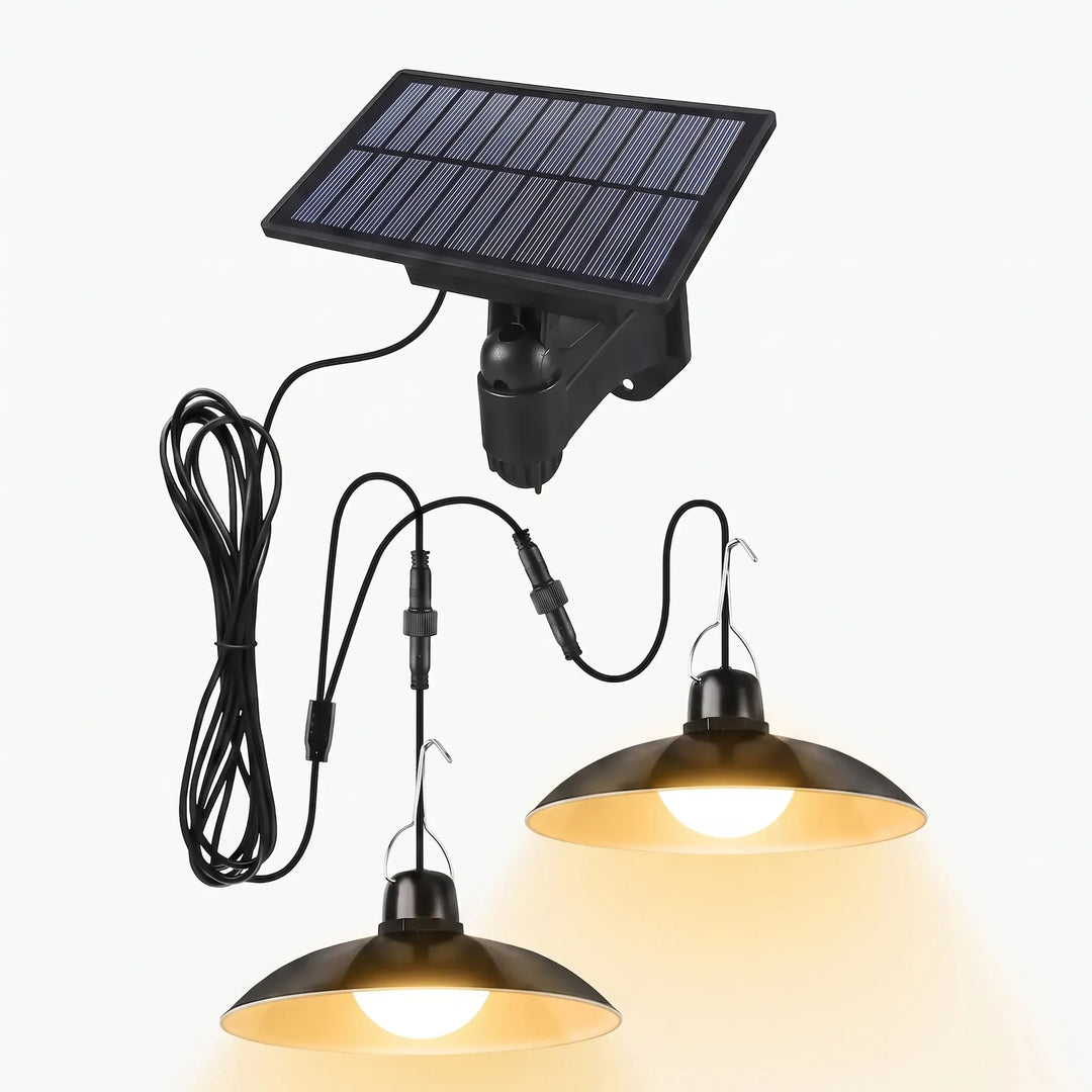 Wireless solar LED pendant light, easy to install for outdoor garden lighting.