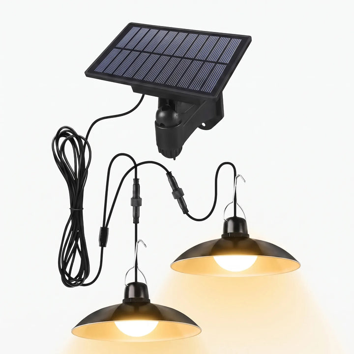 Wireless solar LED pendant light, easy to install for outdoor garden lighting.