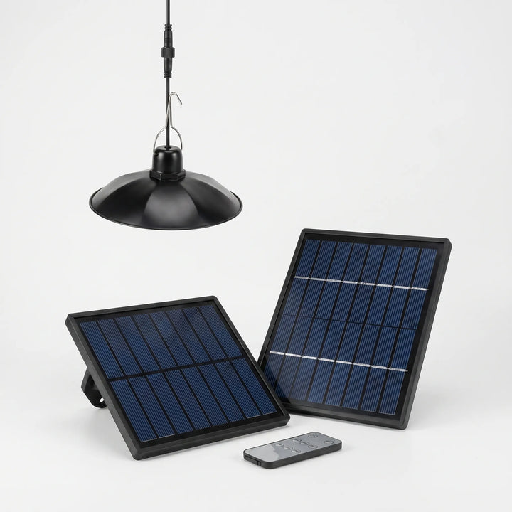 Durable outdoor solar pendant light with adjustable LED brightness for sheds & gazebos.