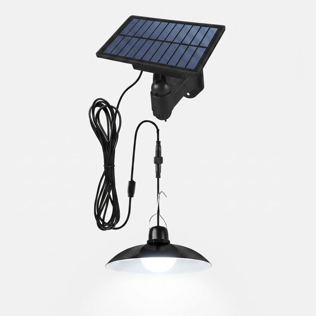 Modern outdoor solar pendant light, enhancing shed or gazebo with eco-friendly illumination.