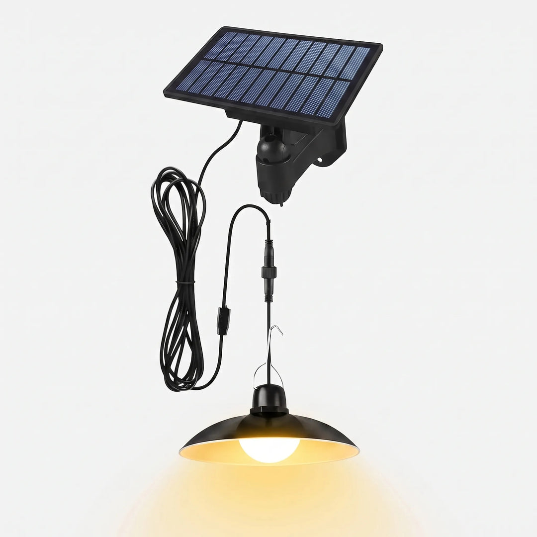 Outdoor solar pendant light with integrated LED, perfect for remote sheds and gazebos.