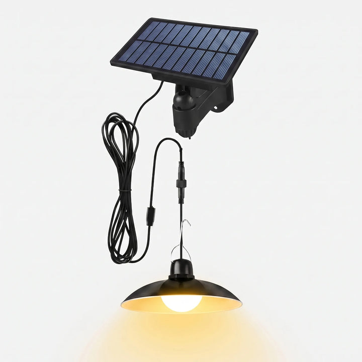 Outdoor solar pendant light with integrated LED, perfect for remote sheds and gazebos.
