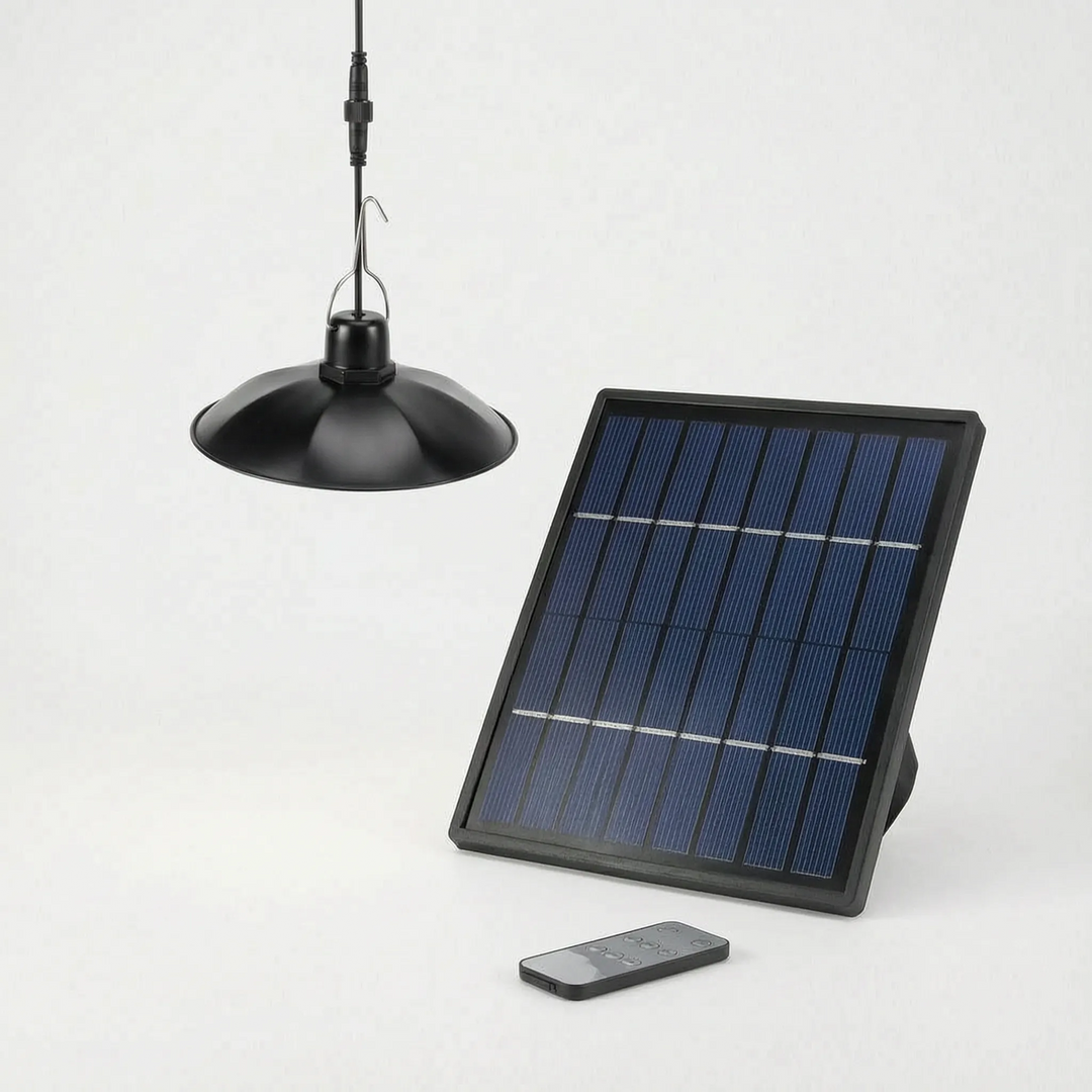 Convenient remote control outdoor solar pendant light, providing bright LED lighting for sheds.