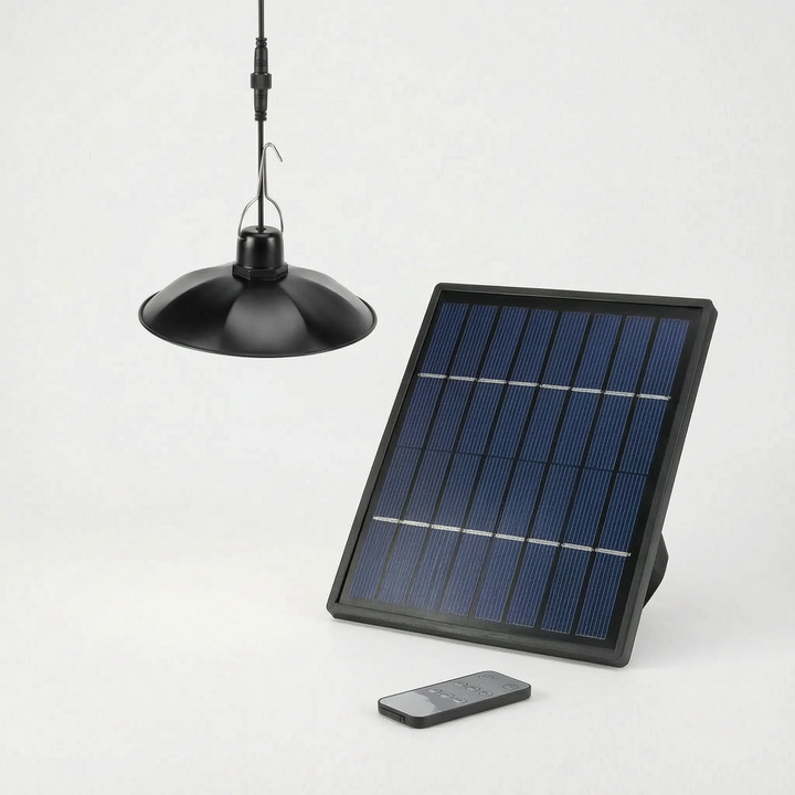 Convenient remote control outdoor solar pendant light, providing bright LED lighting for sheds.