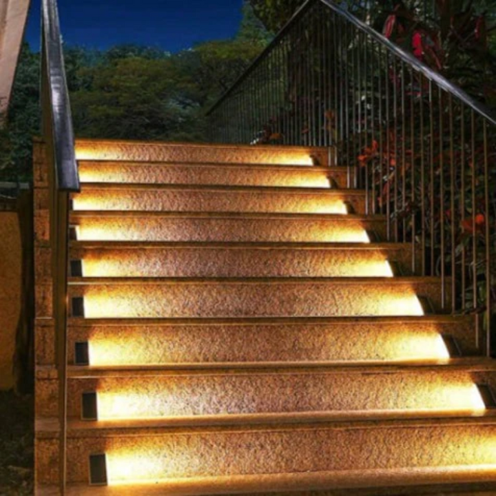 Energy-efficient solar LED lights easily installed on outdoor stairs, decks, and patios for bright pathway lighting.