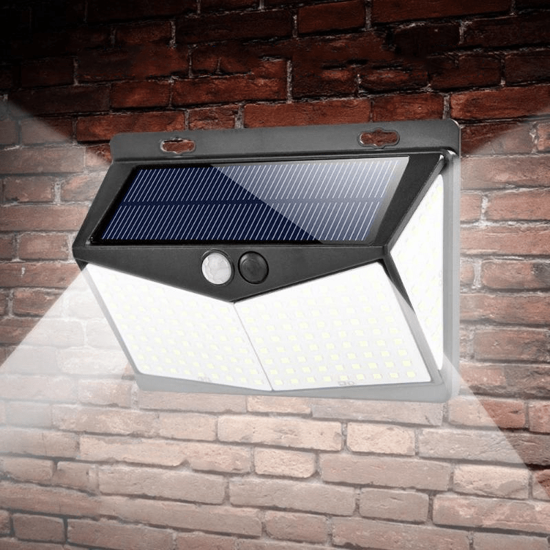 Outdoor solar motion sensor LED security flood light for home protection. Bright, energy-efficient exterior lighting.
