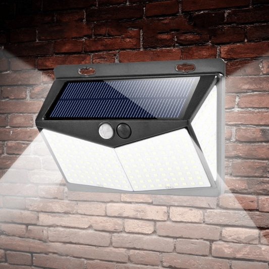 Outdoor solar motion sensor LED security flood light for home protection. Bright, energy-efficient exterior lighting.