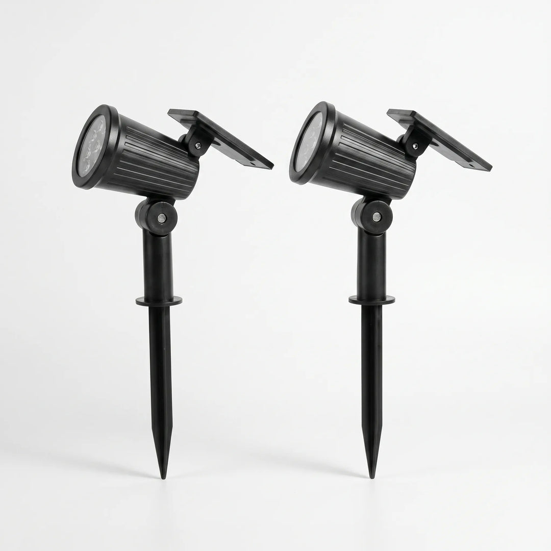 Energy-saving solar outdoor spotlight, adjustable for landscape accent lighting, dusk to dawn.