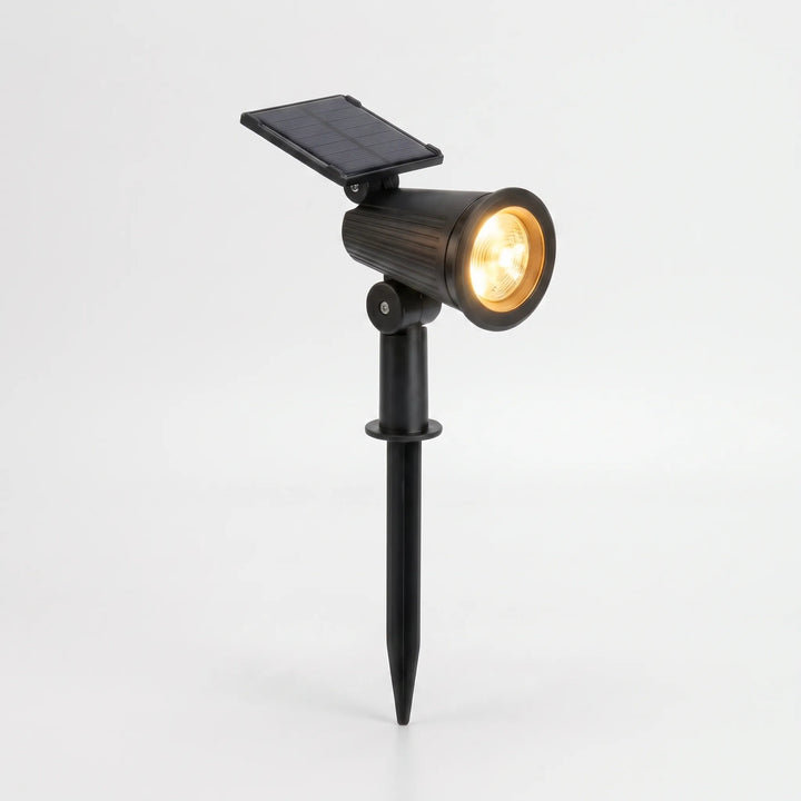 Versatile adjustable solar garden spotlight for wireless pathway, wall, or landscape lighting.