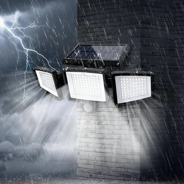 Outdoor solar security light with motion sensor & remote control for home security & energy saving.