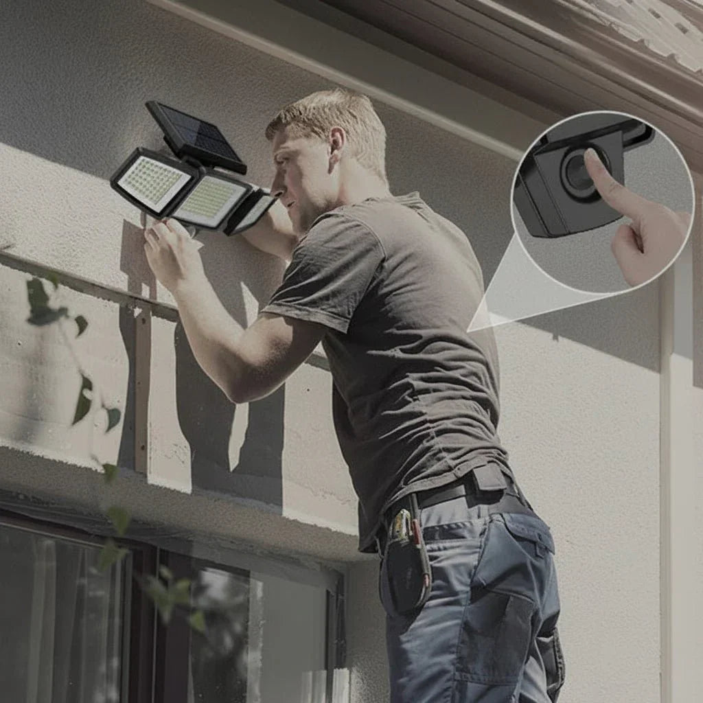 Waterproof solar LED floodlight for garden, driveway, or patio. Features motion sensor & remote.