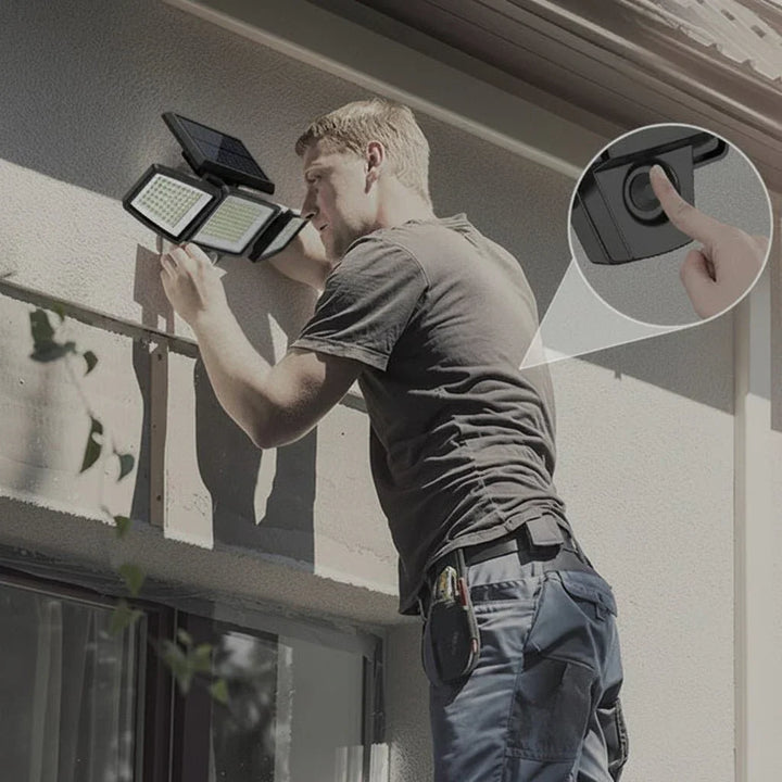 Waterproof solar LED floodlight for garden, driveway, or patio. Features motion sensor & remote.