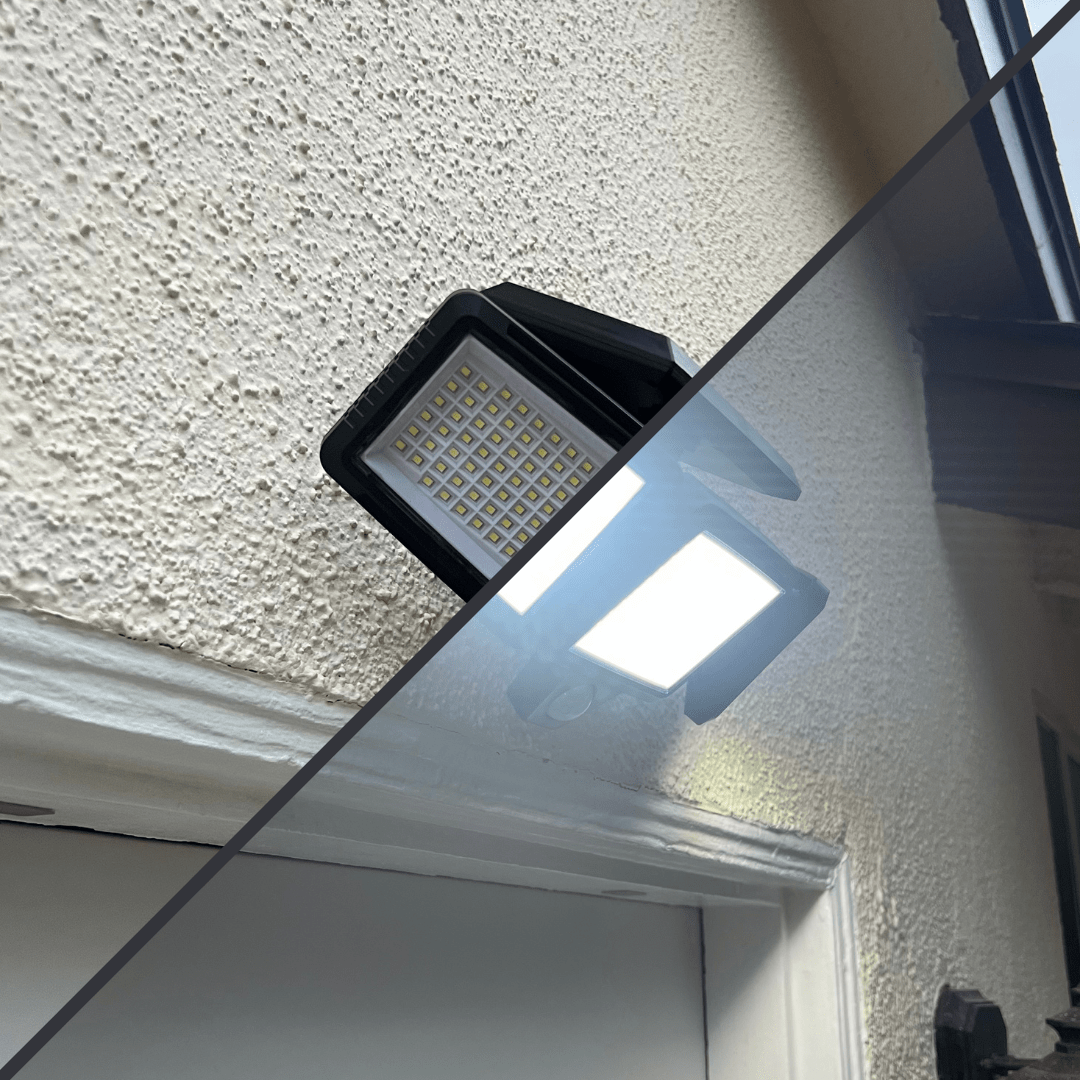 Energy-saving LED solar security light with responsive motion sensor, perfect for outdoor areas.