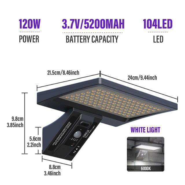 Side profile of an outdoor solar street lamp, IP65 waterproof, with integrated solar panel