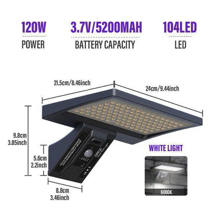 Side profile of an outdoor solar street lamp, IP65 waterproof, with integrated solar panel