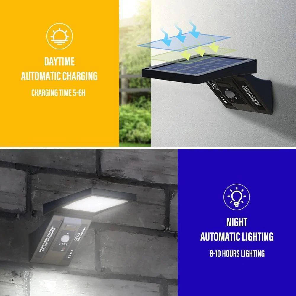 Motion sensor outdoor solar street lamp illuminating a dark garden path