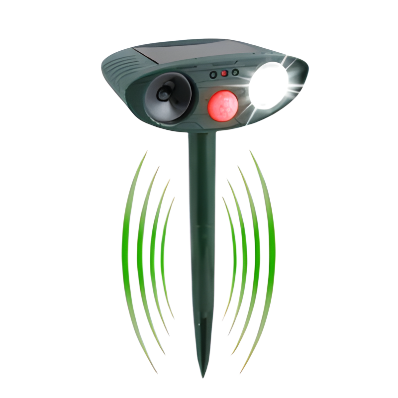 Outdoor solar ultrasonic chipmunk repeller for humane garden and yard pest control.
