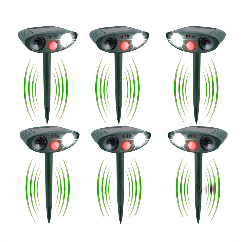 Solar-powered ultrasonic animal repeller protects gardens from chipmunks and squirrels.