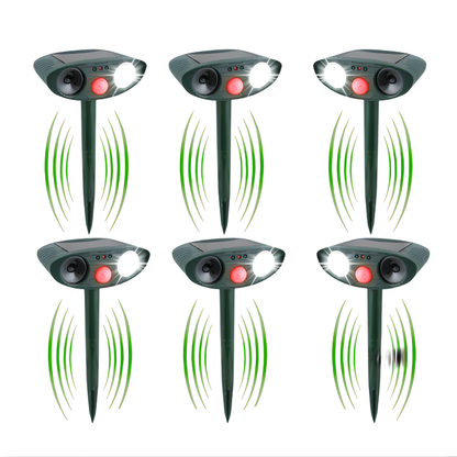 Solar-powered ultrasonic animal repeller protects gardens from chipmunks and squirrels.