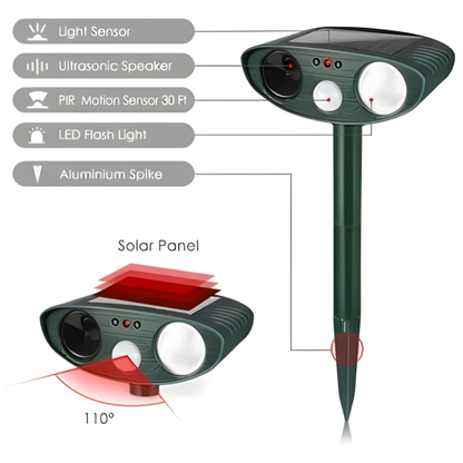 Fast-acting chipmunk and squirrel deterrent with solar-powered ultrasonic technology for outdoor use.