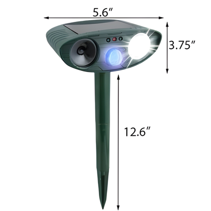 Humane solar pest control device, an outdoor ultrasonic repeller for chipmunks and wildlife.