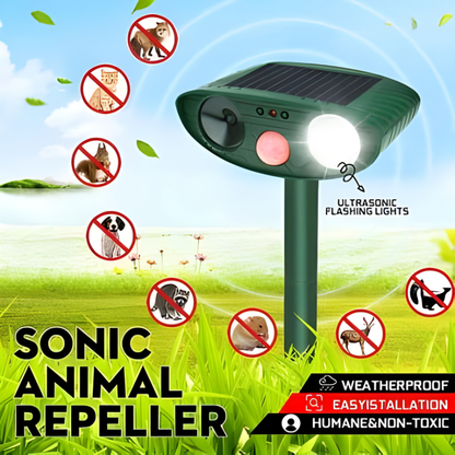 Compact solar ultrasonic chipmunk repeller for effective and humane outdoor pest control in gardens.