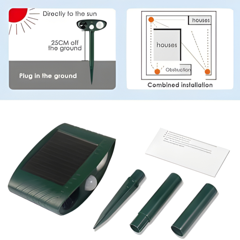 Solar ultrasonic wildlife repellent, designed for outdoor use to deter chipmunks, squirrels, and pests.