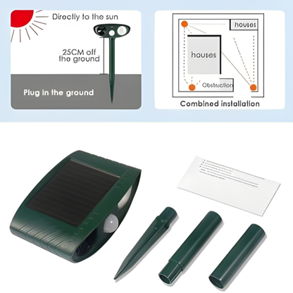 Solar ultrasonic wildlife repellent, designed for outdoor use to deter chipmunks, squirrels, and pests.