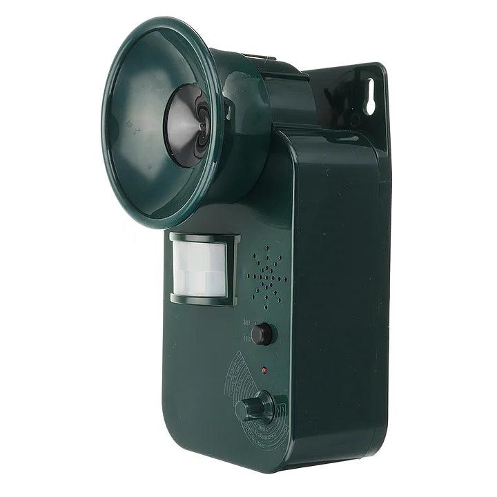 Close-up of weatherproof electronic pest repeller with motion sensor for outdoor use.