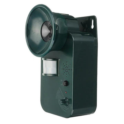 Close-up of weatherproof electronic pest repeller with motion sensor for outdoor use.