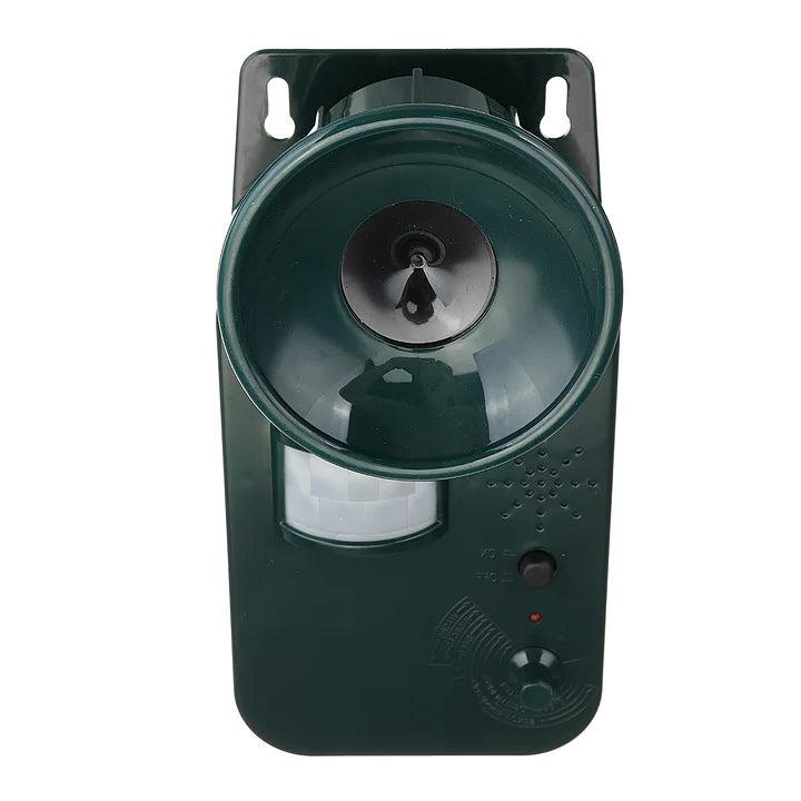 Side view: Cordless 9v DC ultrasonic repeller, ideal for wildlife deterrence & garden protection.