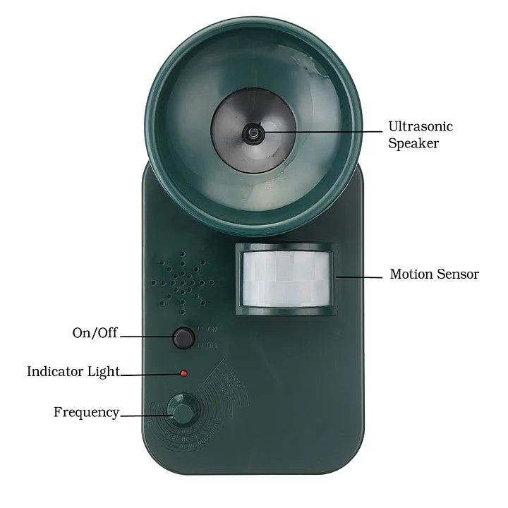Ultrasonic pest repeller protecting a patio area, emphasizing its outdoor, weatherproof design.