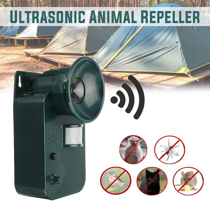 Battery-powered cordless ultrasonic repeller, weatherproof solution for yard security.