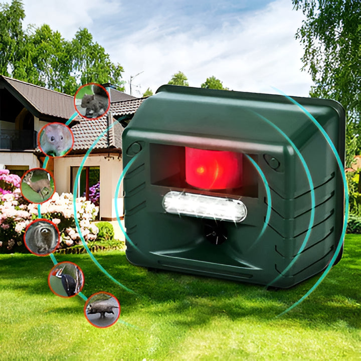 Outdoor woodpecker ultrasonic repeller for gardens. Solar powered, humane animal deterrent for pest control.